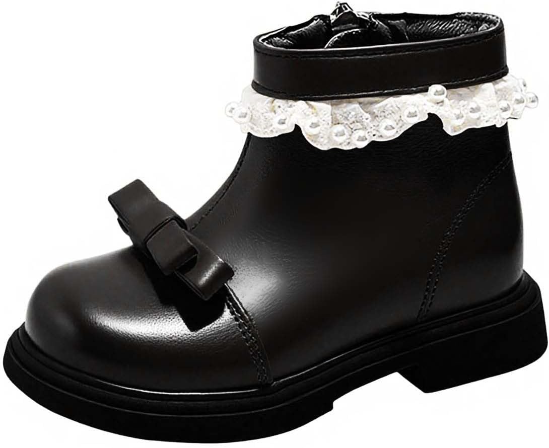 

Девочкам милые короткие ботинки с бантиком и отделкой жемчугом, принцесcкие ботиночки, осенне-зимняя мода, теплые с пушистой подкладкой, ботильоны Generic, Black