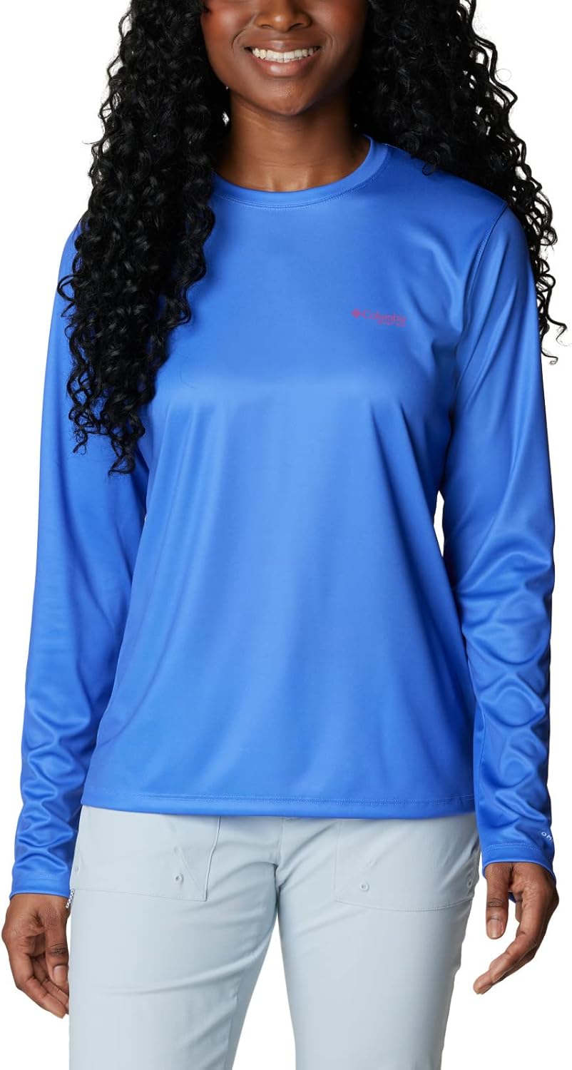 

Женская футболка Columbia Tidal Tee PFG Fish Flag LsTidal Tee PFG Fish Flag с длинным рукавом, Violet Sea/Fish And Friends Flag Ombre