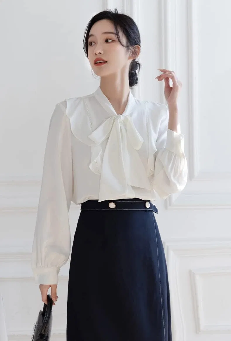 Блуза с воротником-стойкой и рюшами Bowtie Blouse, белый — фото 3
