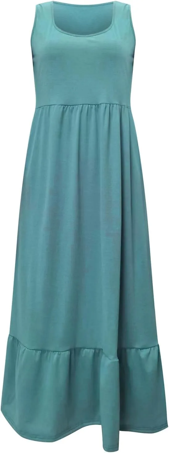 Сарафаны для женщин 2024: модное платье-макси с квадратным вырезом, без рукавов, свободного кроя, повседневное, для летнего отдыха на пляже Generic, зеленый — фото 3