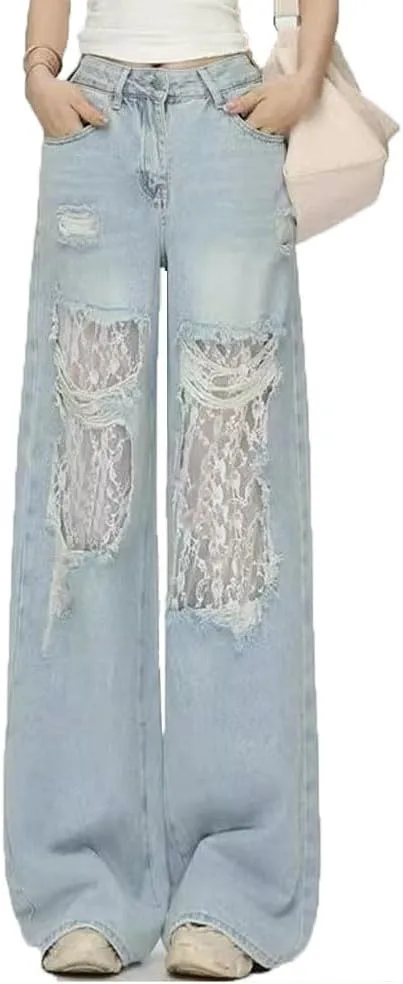 

LAFOURAM Petite Jeans для женщин 5 FT, широкие мешковатые джинсы Y2K с кружевным пэчворком и прорезями