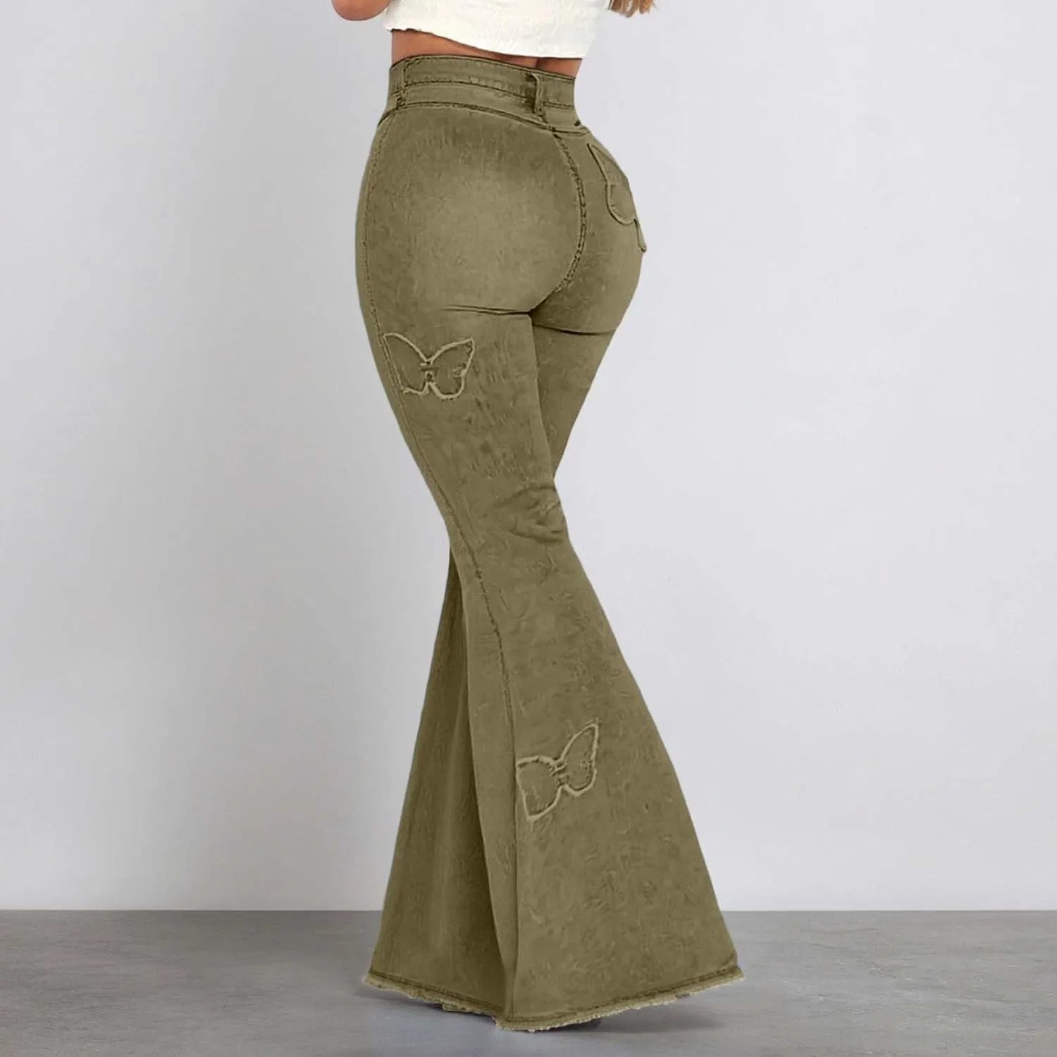 Джинсы с вышивкой бабочками, High Waisted, Army Green — фото 3