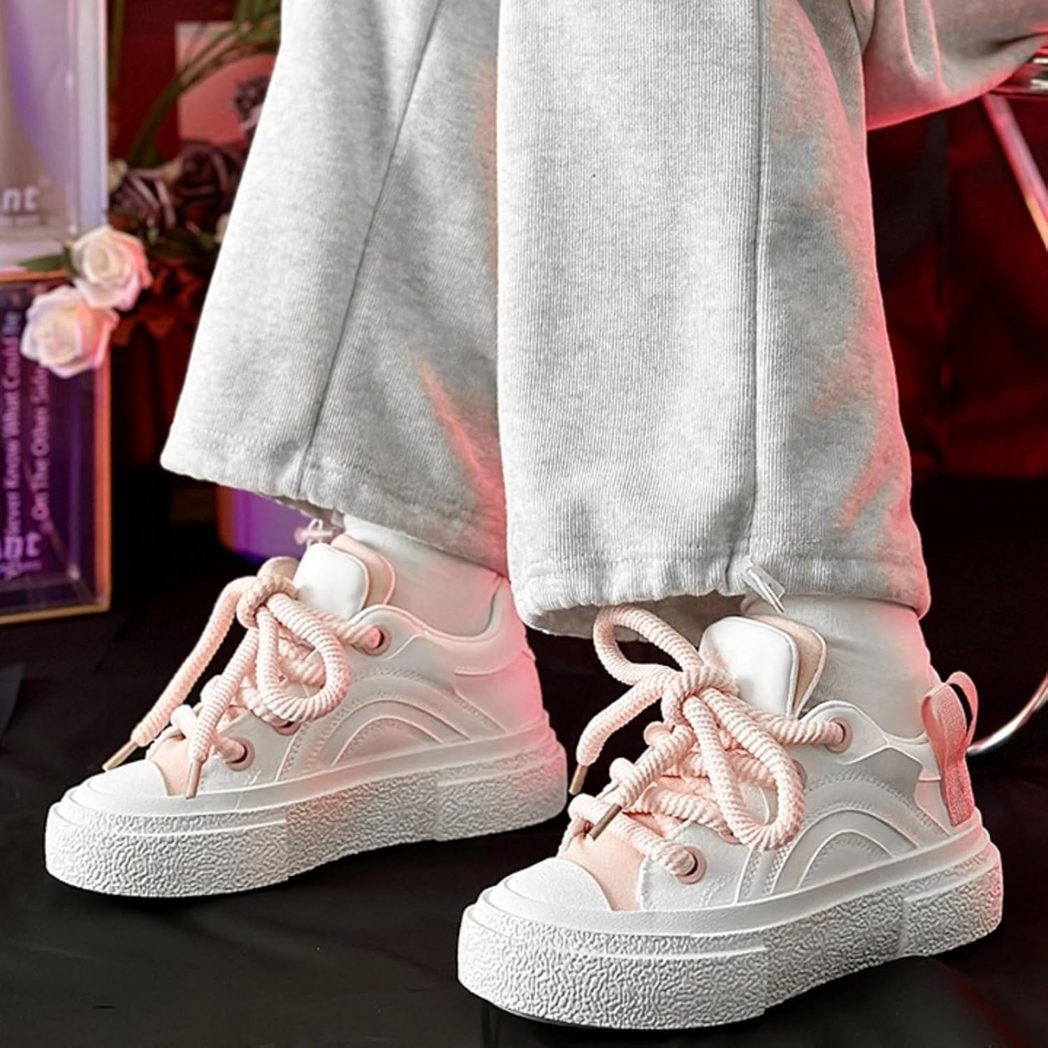 Кроссовки AURISTIA Preppy Chunky для мужчин и женщин, платформенные туфли, толстые шнурки, увеличение роста, стиль Y2K, хип-хоп, уличная мода JK, скейт стиль, розовый — фото 4