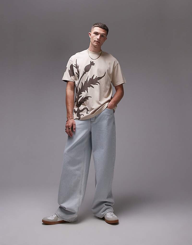 

Высококачественная футболка оверсайз Topman каменно-бежевого цвета с принтом чертополоха спереди и сзади