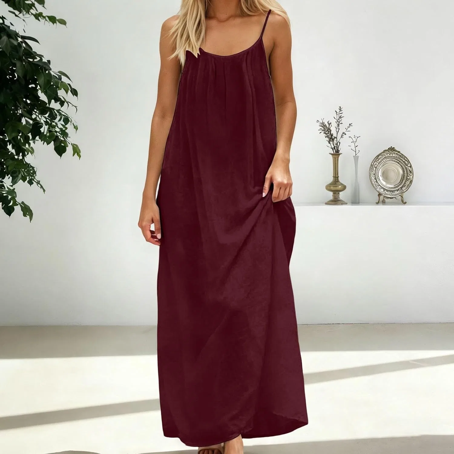 Платье-ками Backless для женщин, ками Lounge Dress, платье без спинки однотонное без рукавов, домашнее платье, длинное сарафан с завязкой на спине Generic, красный — фото 3