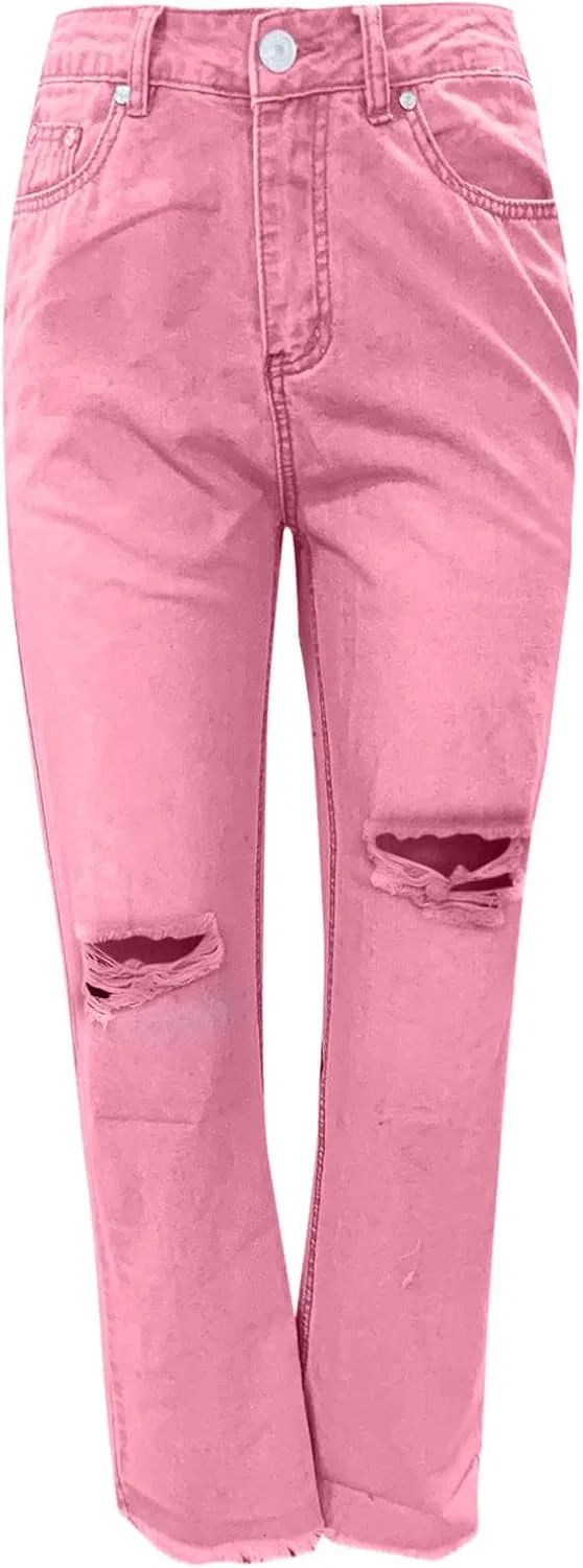 Джинсы клеш с разрезом, Womens Ripped Bell Bottom Jeans, розовый — фото 4