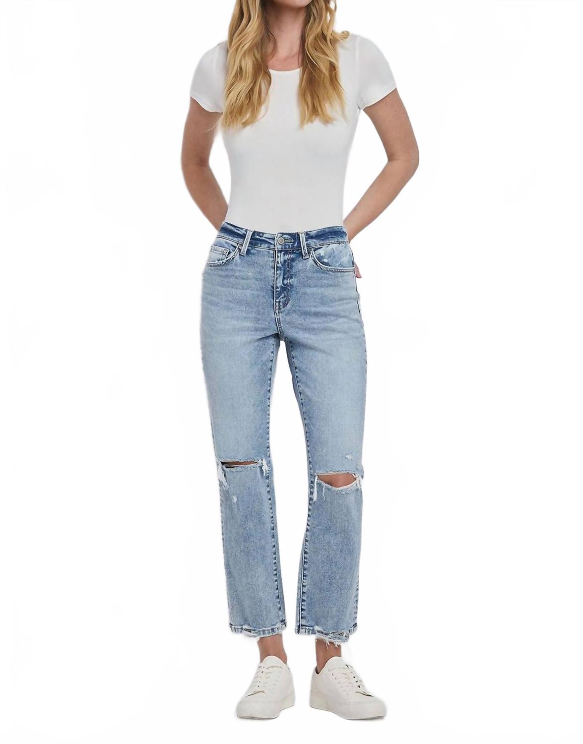 

Яркие джинсы прямого кроя с высокой посадкой и потертостями, светлого оттенка FLYING MONKEY, светлый оттенок