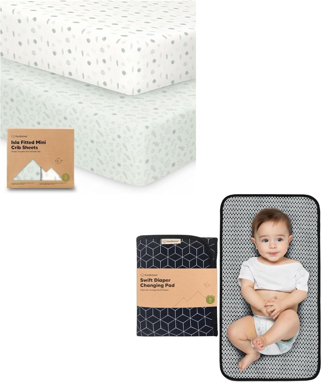 

Подогнанные простыни Keababies Pack and Play, 2 мини-простыня для кроватки и портативная подставка для пеленания - Органическая простыня для детской кроватки для матраса Pack and Play - Водонепроницаемый складной коврик для пеленания ребенка