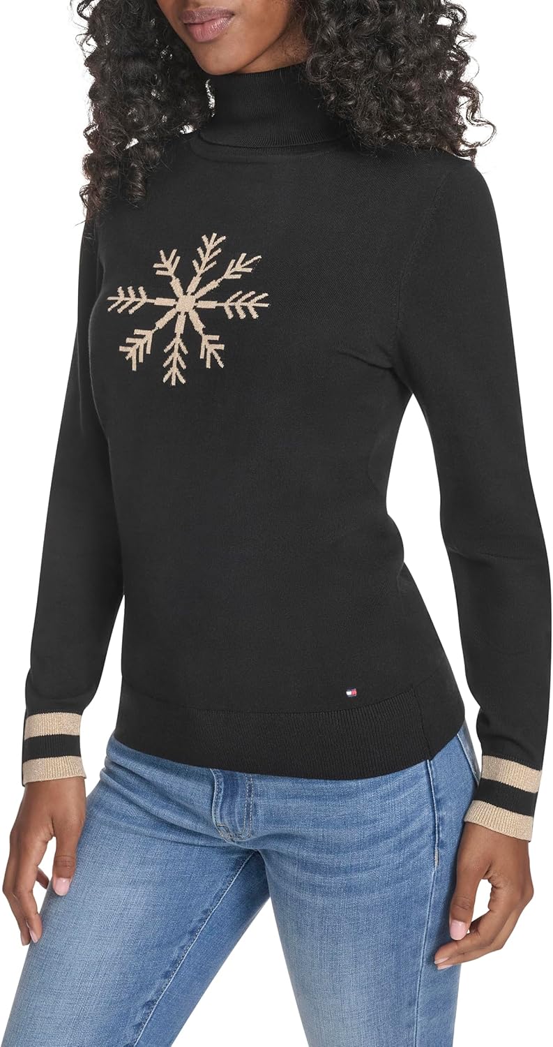 Женская хлопковая водолазка с длинным рукавом Tommy Hilfiger, легкая, Black Snowflake — фото 3