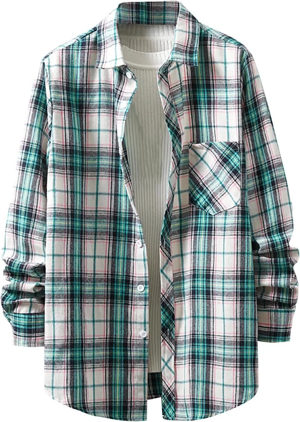 Мужская клетчатая рубашка на пуговицах, фланелевая рубашка с длинным рукавом, повседневная легкая рубашка прямого кроя с карманом