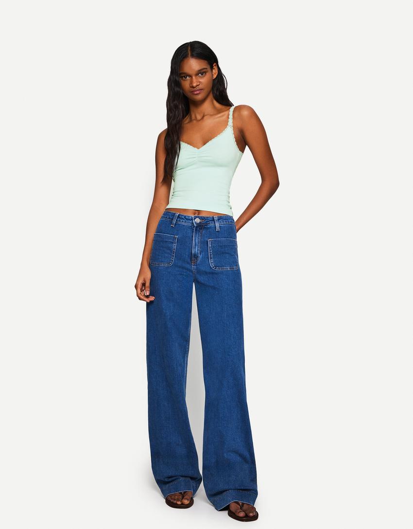 

Кружевной топ с бретелями Bershka, бирюзовый