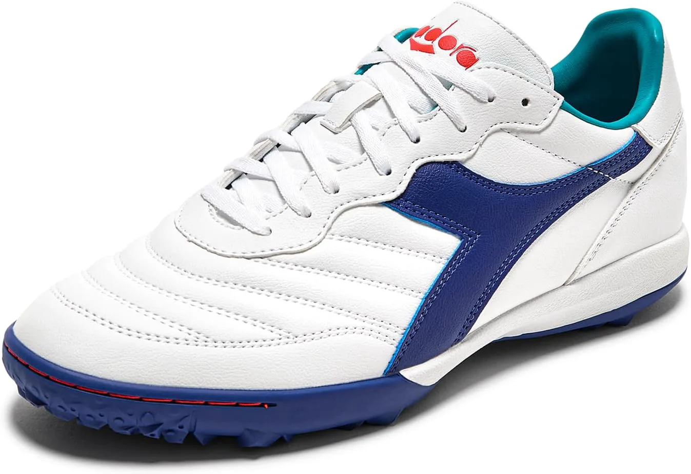 Футбольные бутсы Diadora Brasil Elite Turf - водоотталкивающий Suprellsoft, противоскользящая подкладка из ПУ на пятке, точки гибкости на стельке, высококачественное исполнение, белый/синий — фото 2