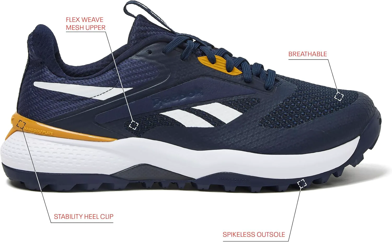 Мужские гольф-кроссовки Reebok Nano Golf без шипов, темно-синий/золотой/белый — фото 2