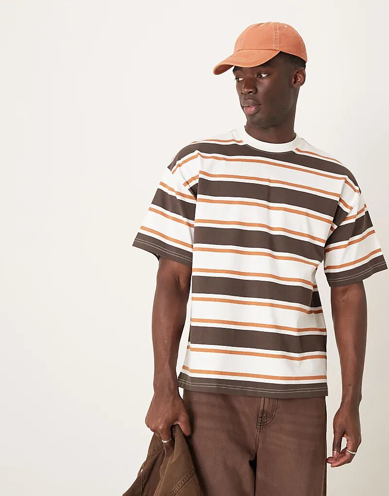 

Футболка oversize из плотной ткани в полоску кремового и коричневого цвета Selected Homme