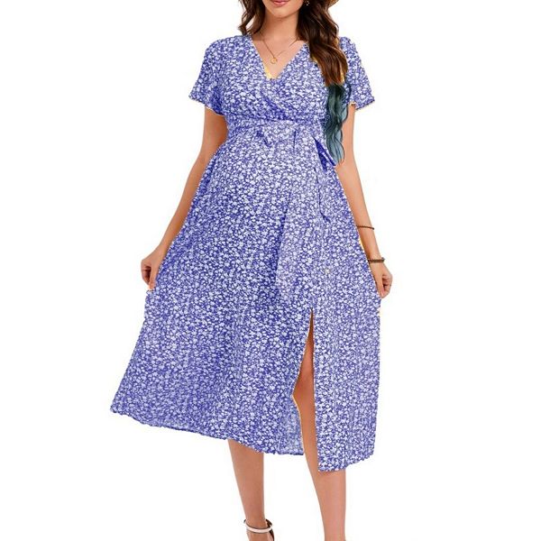 

Платье-Миди для беременных с V-образным вырезом, короткими рукавами, асимметричным разрезом, оборками и поясом. Yesfashion, Blue