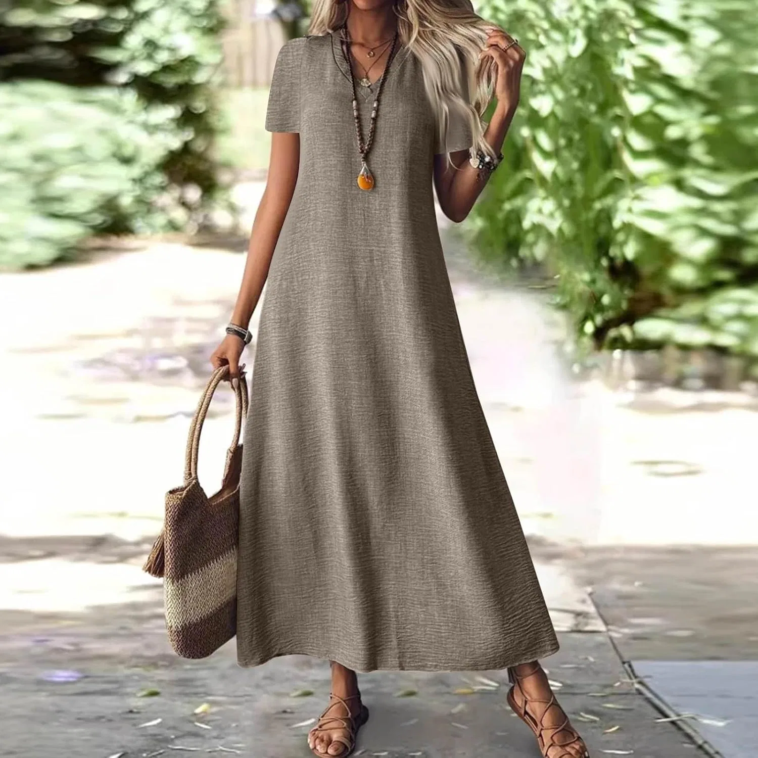Летнее платье для женщин 2026 Cotton Linen Maxi Casual с коротким рукавом, длинное сарафан для отпуска Generic, хаки — фото 2
