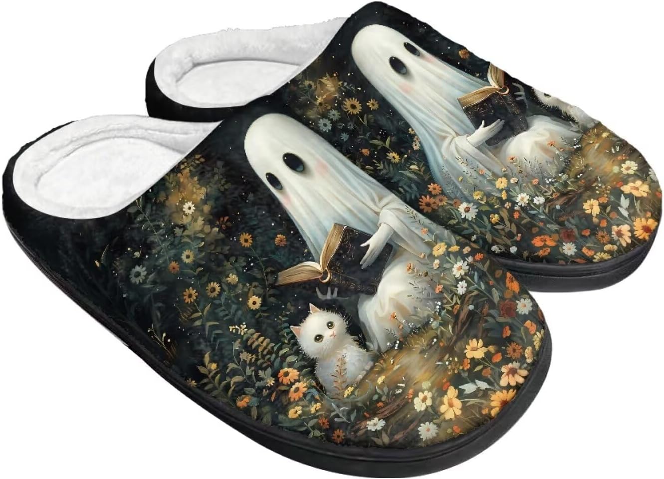 

Теплые тапочки для пары и семьи на осень и зиму для дома с нескользящей мягкой подошвой, обувь для женщин и мужчин, Хэллоуин Giftpuzz, Ghost Cat