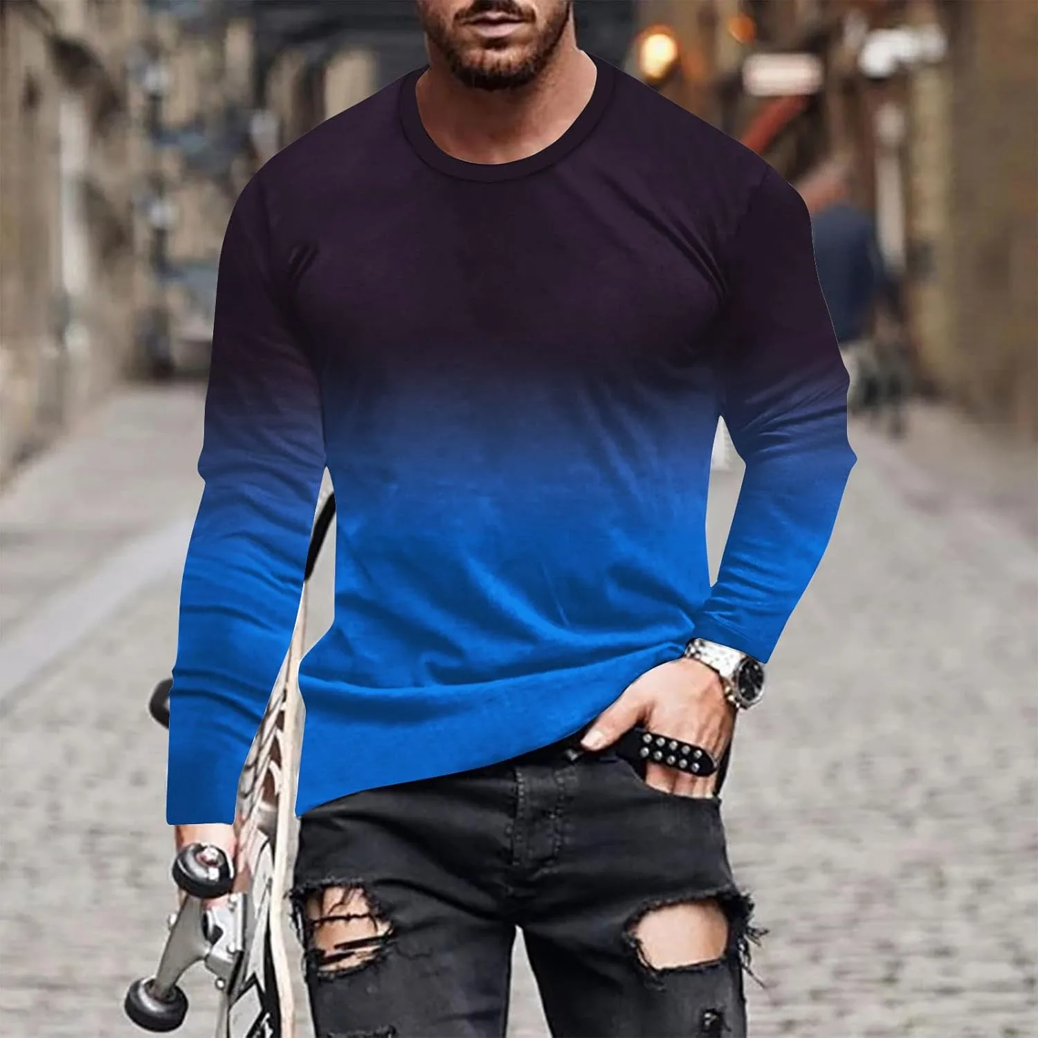 Мужская футболка с длинным рукавом Casual Ombre Color Loose Fit Graphic Tee — фото 2