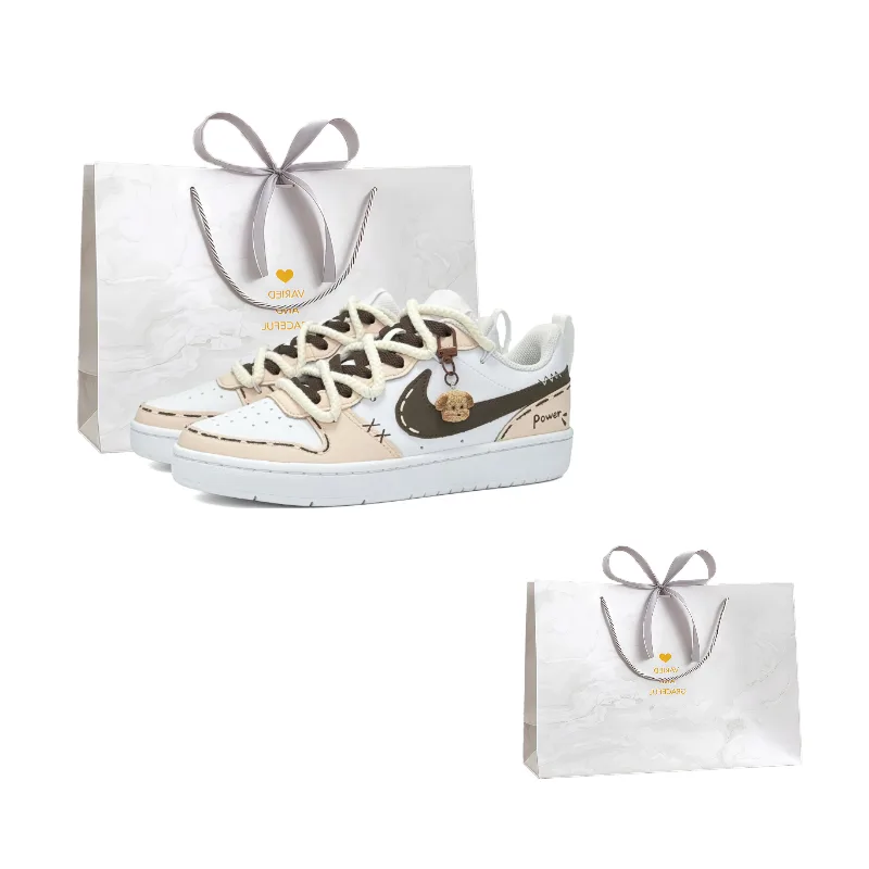 Nike Кроссовки для скейтбординга Court Borough Milk Tea Bear Leather низкие детские с амортизацией, цвет кофе с розовым