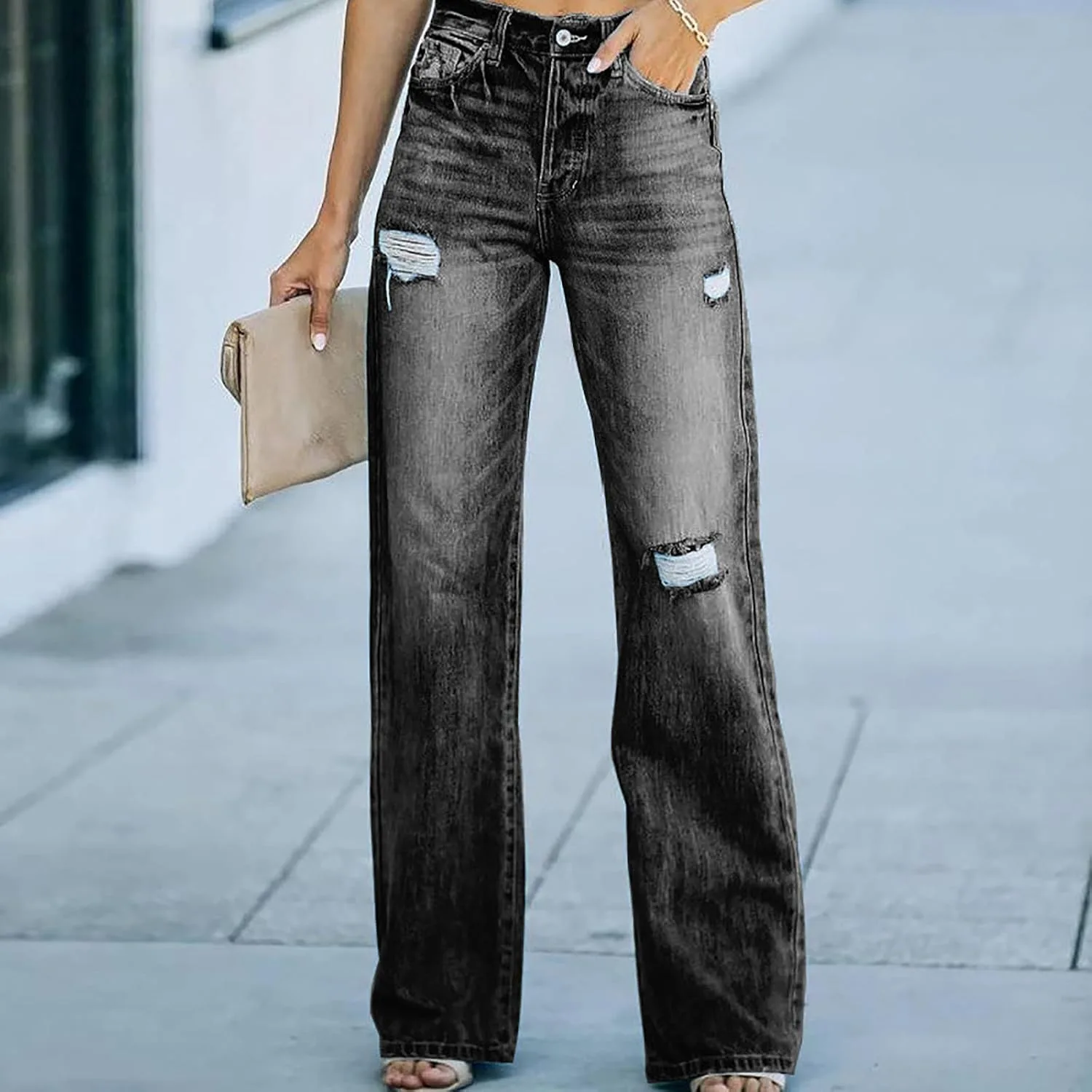 Ретро джинсы для женщин Straight Leg, Loose, Ripped, High Waisted, Plus Size — фото 3