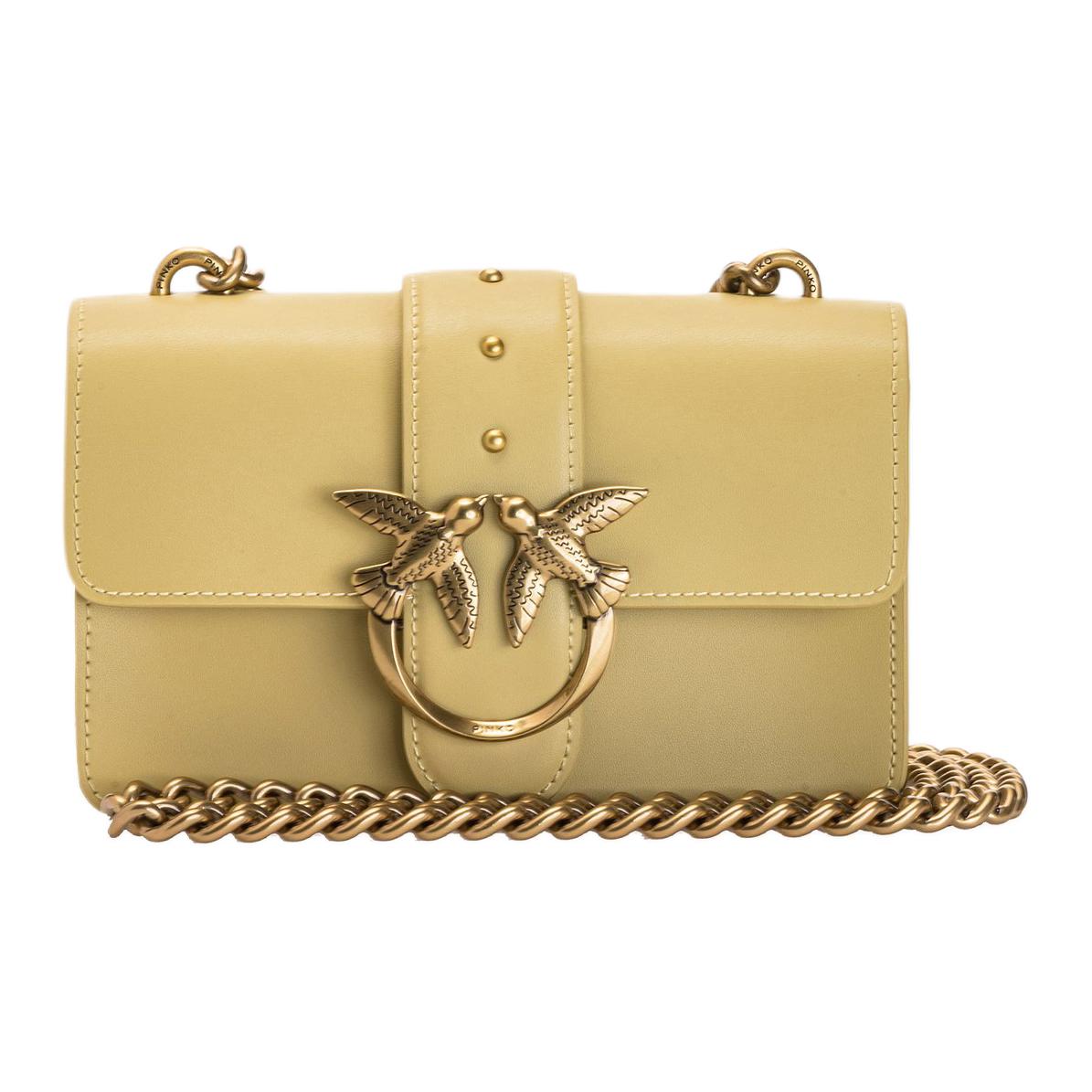 

PINKO Простая кожаная сумка ласточка на цепочке миниатюрная женская через плечо бежево желтая