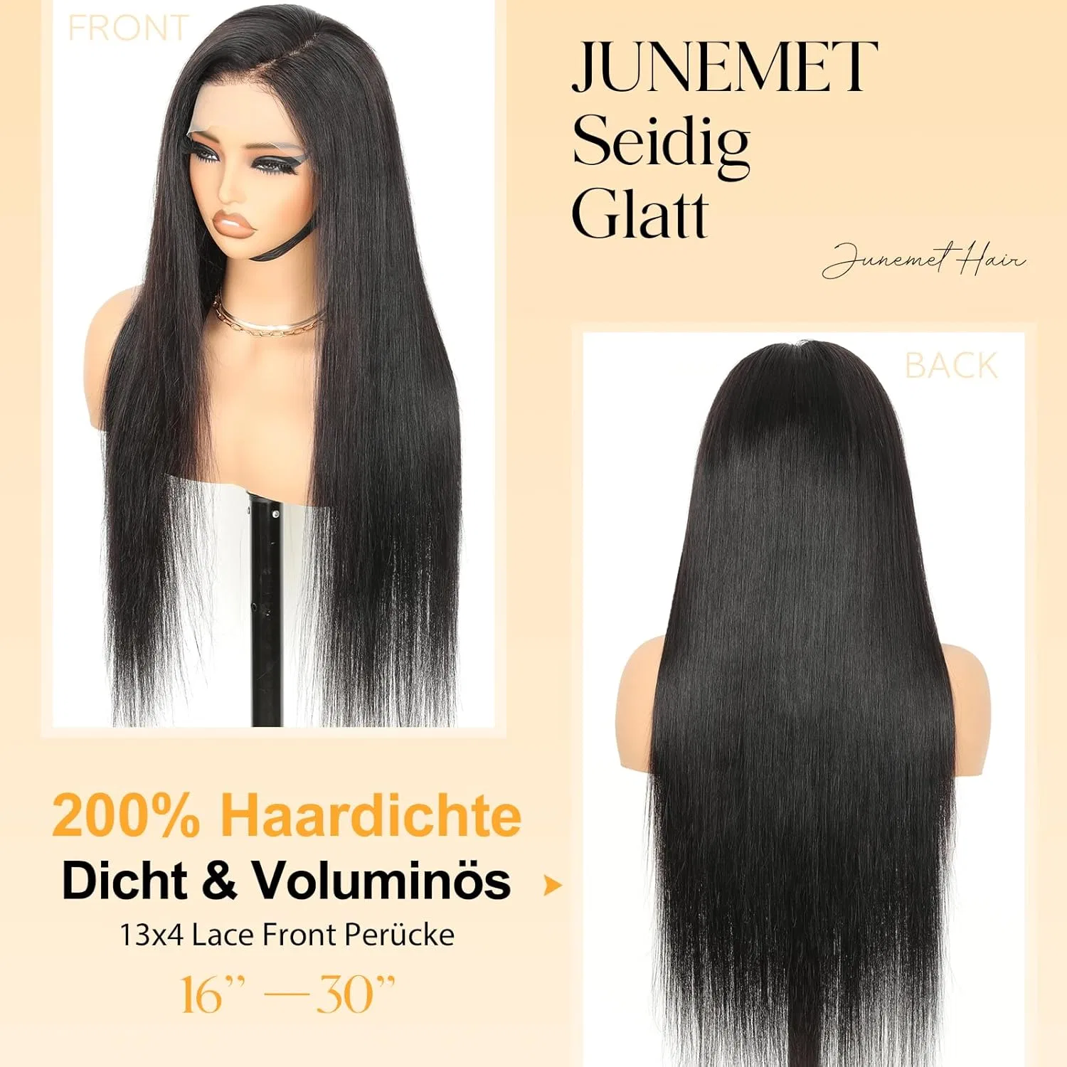 Женский прямой парик из натуральных волос HD Lace Human Hair, 46 см, 200% плотность Junemet, Natural Colour — фото 4