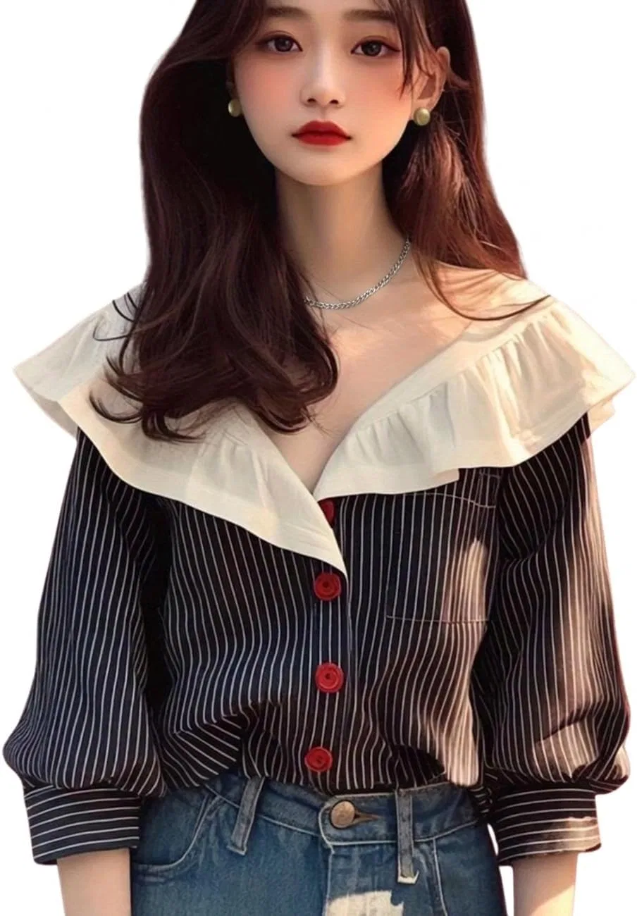 Блуза с фриловым воротником, полосатая Stripe Frill, черный