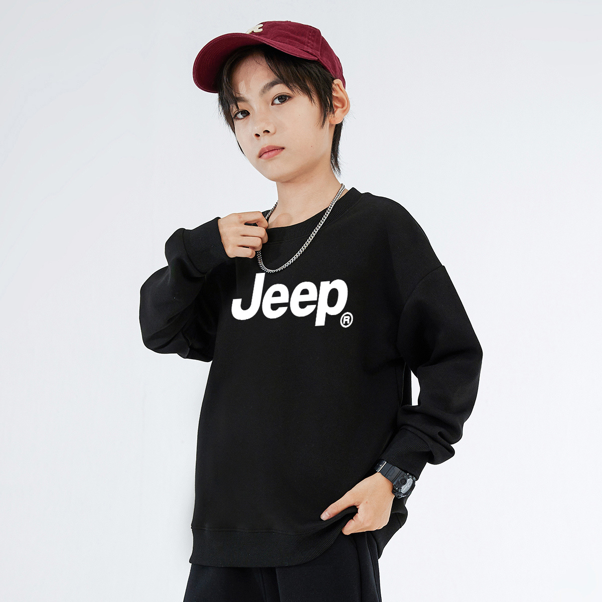 Детская толстовка с круглым вырезом утолщенная Jeep, new year красный fleece-lined — фото 4