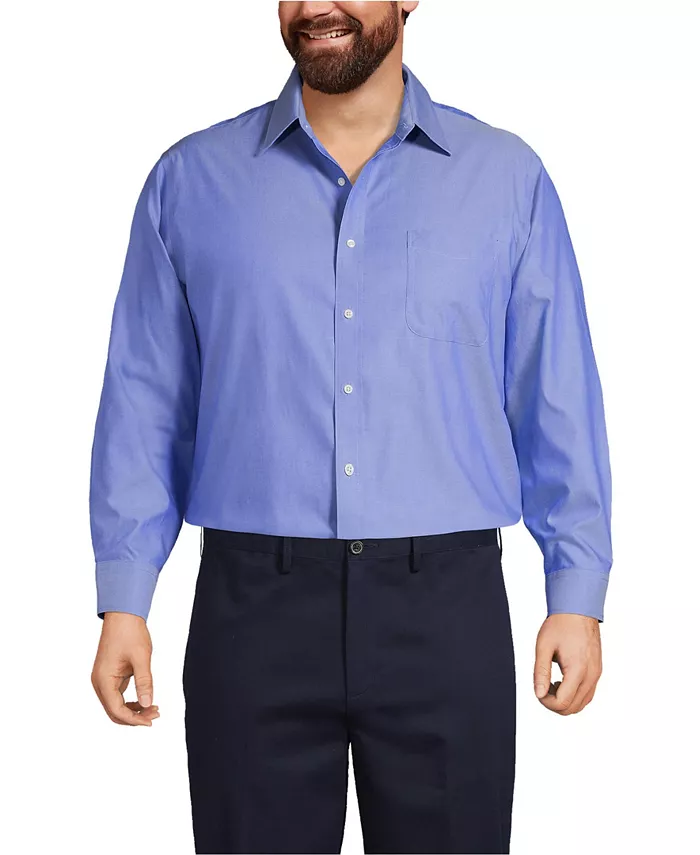 

Рубашка мужская Big & Tall Traditional Fit, классический крой, однотонная, без глажки, из ткани Supima Pinpoint с прямым воротником Lands' End, синий