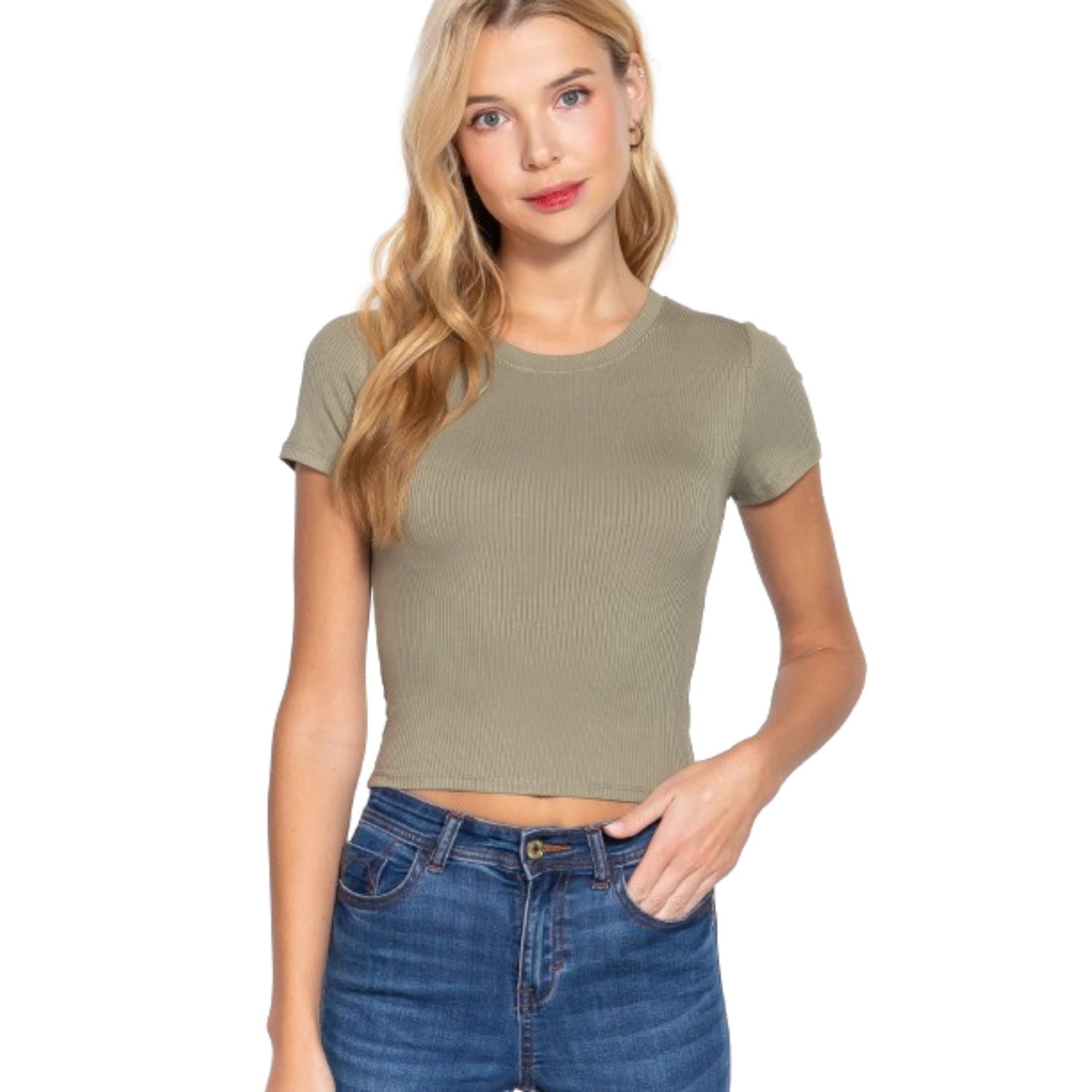 

Короткий топ с круглым вырезом и рубчиком Slv FASHNZFAB, цвет olive oil