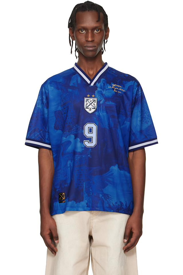 

Футбольная майка с синей мировой краской Off-White, Nautical Blue