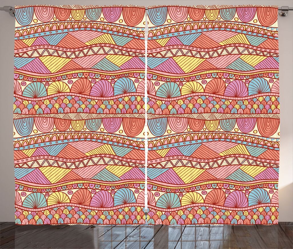 

ABAKUHAUS Занавеска в азиатском деревенском стиле, Colorful Art, Ленточная штора с рюшами и петлями для спальни, 280 x 245 см, Разноцветная