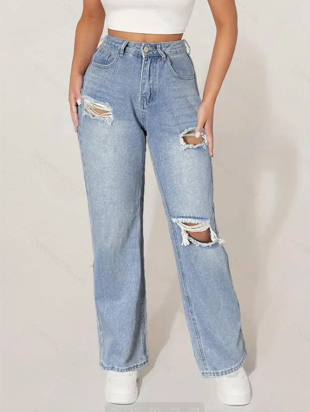 Женские джинсы High Waisted Straight Leg с потертостями и разрывами — фото 3