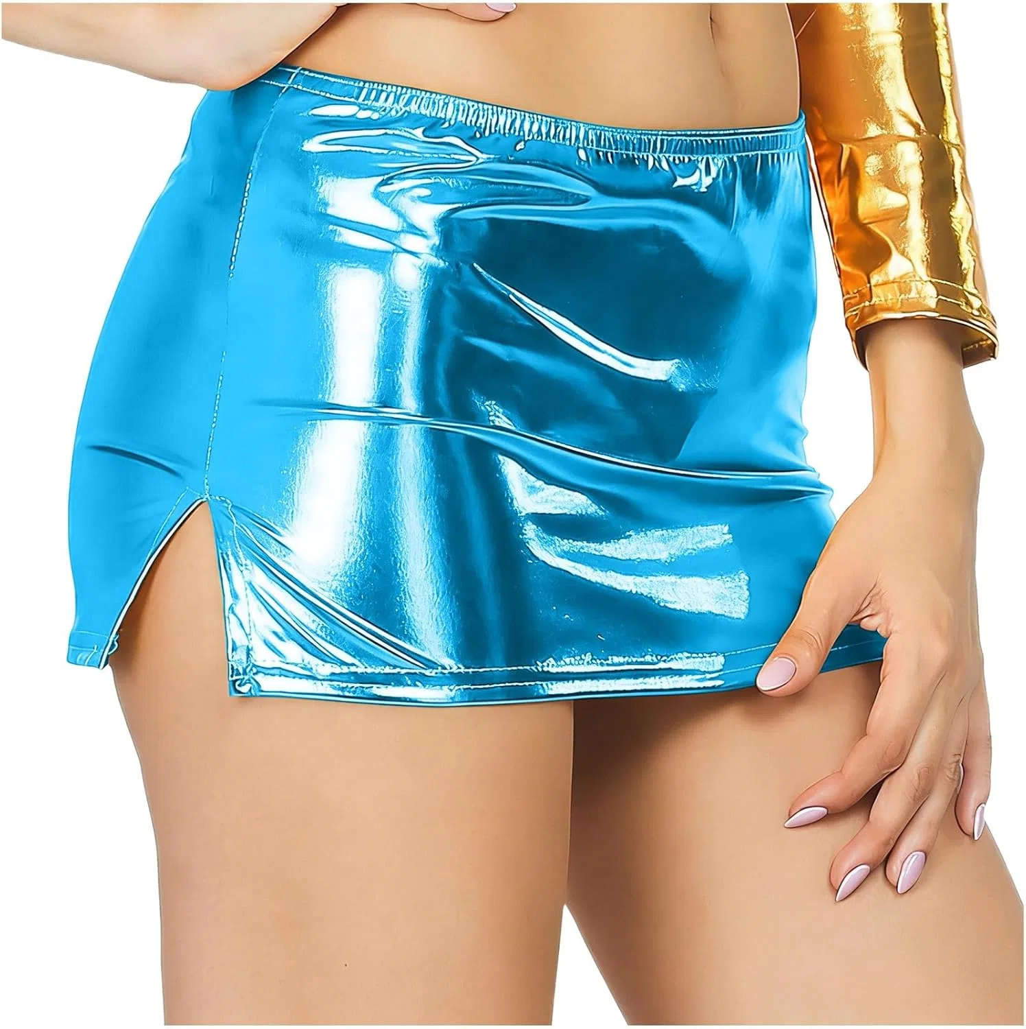 Юбка-карандаш из искусственной кожи с разрезом, Glossy, Light Blue