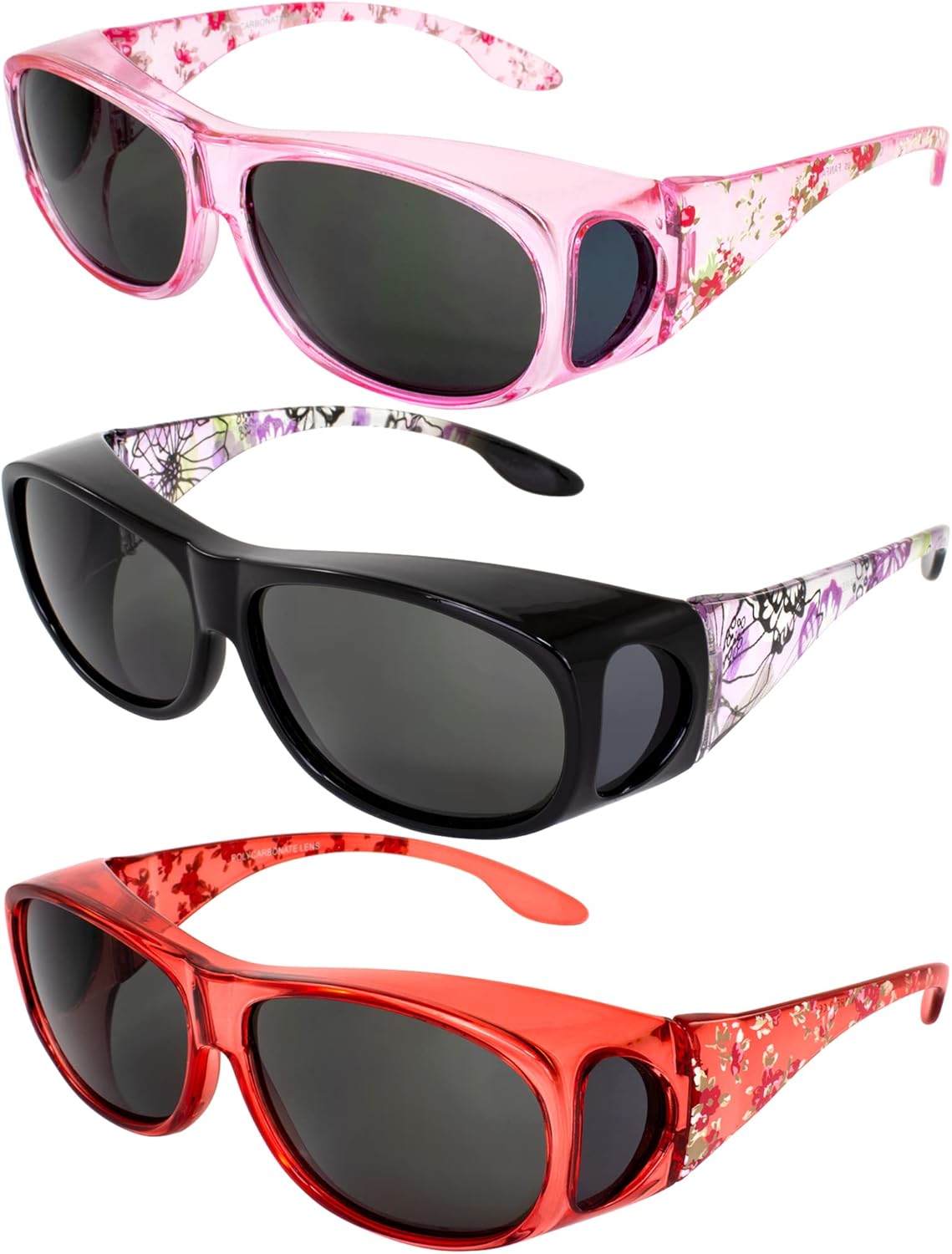 

Солнцезащитные очки Global Vision Eyewear Fanfare 2 для женщин, 3 пары, розовая, фиолетовая и красная оправа с цветочным узором и дымчатыми линзами, надеваются поверх обычных очков, Pink Purple & Red