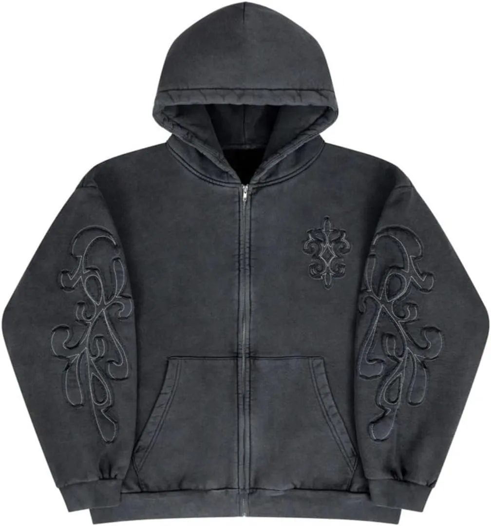 

Мужская потертая худи с вышивкой и цветочным принтом