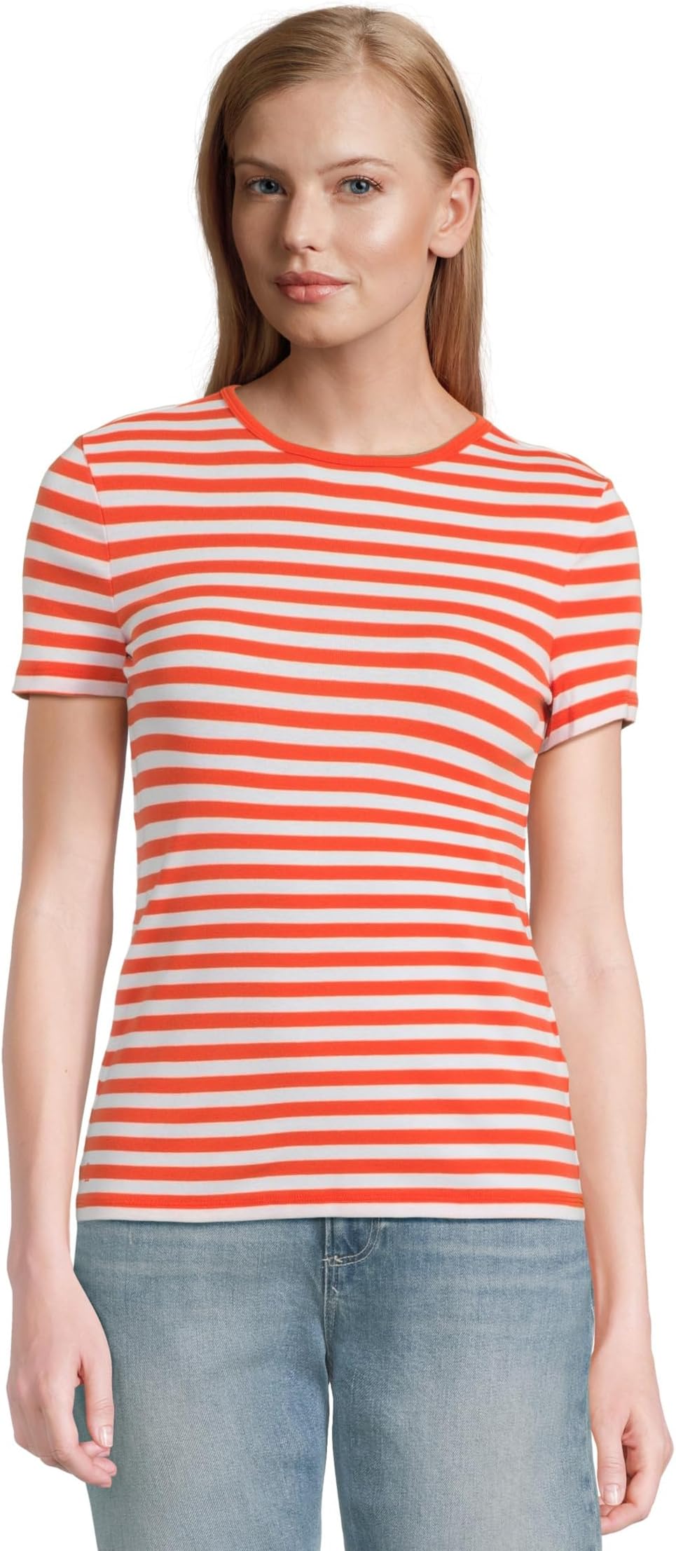 

Футболка Lauren Ralph Lauren Striped Stretch Cotton Crewneck Tee, цвет Orange Lily/White