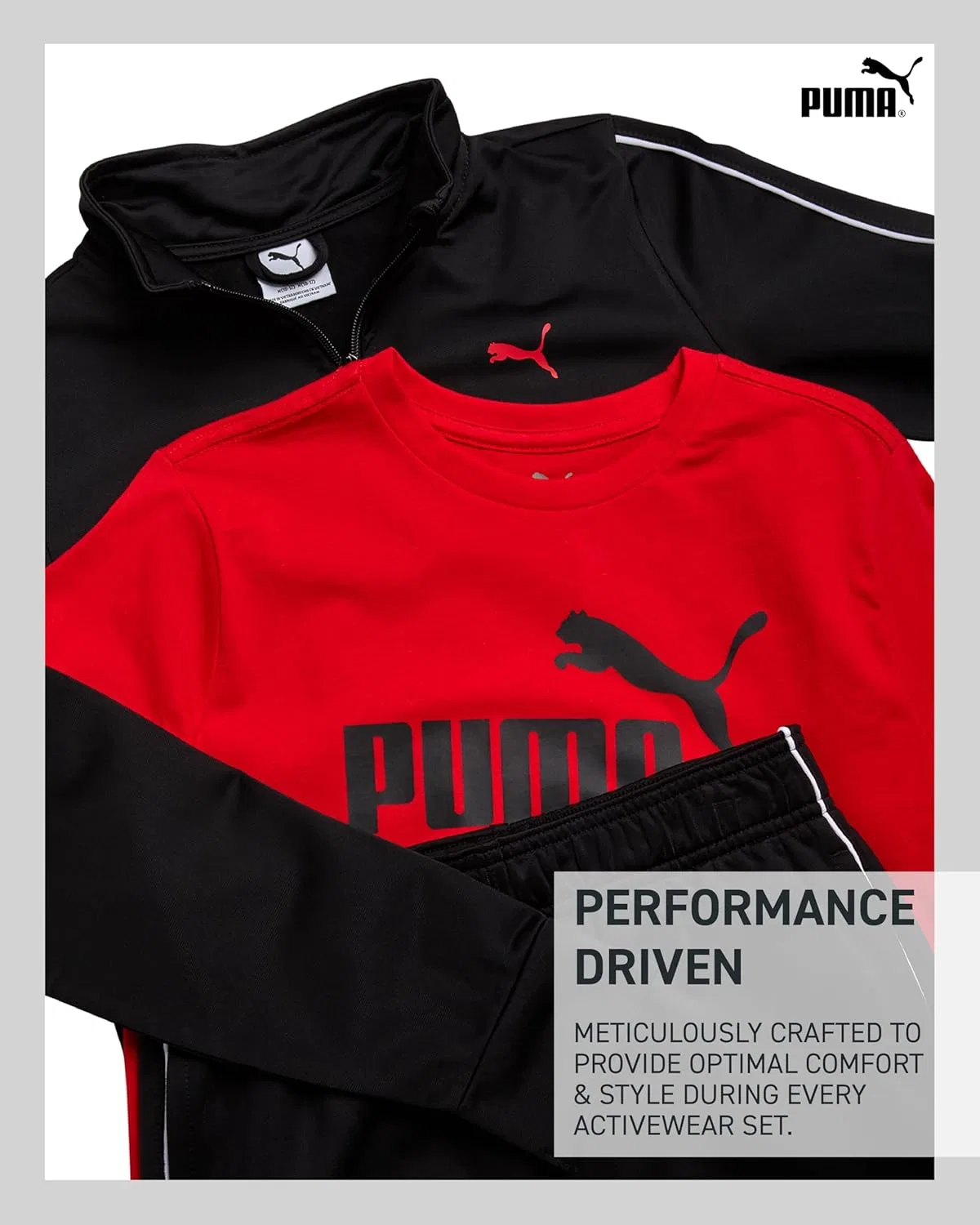 Спортивный набор для мальчиков PUMA из 3 предметов: футболка, куртка, джоггеры, Black/Red 48 — фото 3