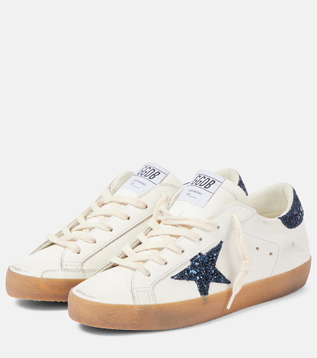 Супер-Звезда блестящие кожаные кроссовки Golden Goose, White/Blue — фото 4