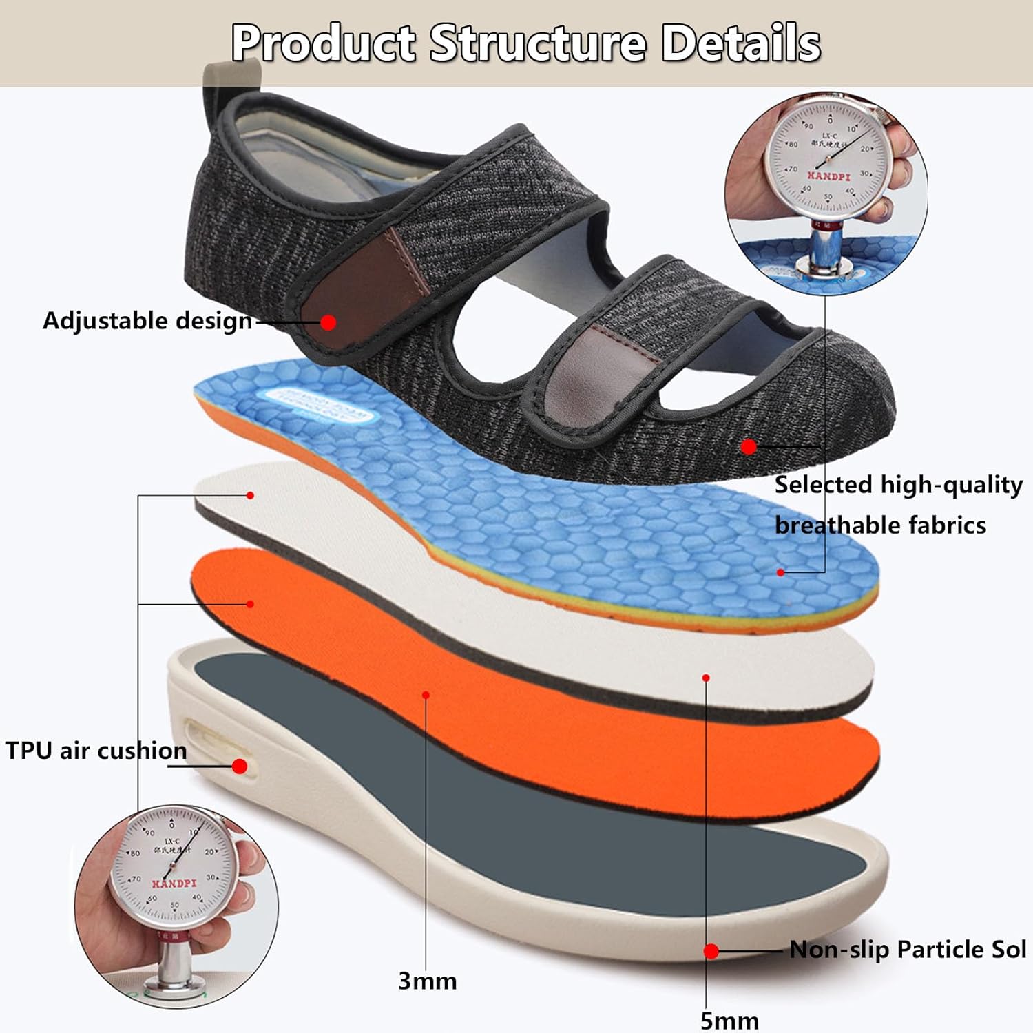 Мужская обувь bumuam с широкой колодкой и регулируемой застежкой, легкая, обувь для отекших ног с дышащей мемори-пеной, легкие кроссовки для ходьбы для пожилых людей, мужчины 11 / женщины 12, бежевый — фото 3