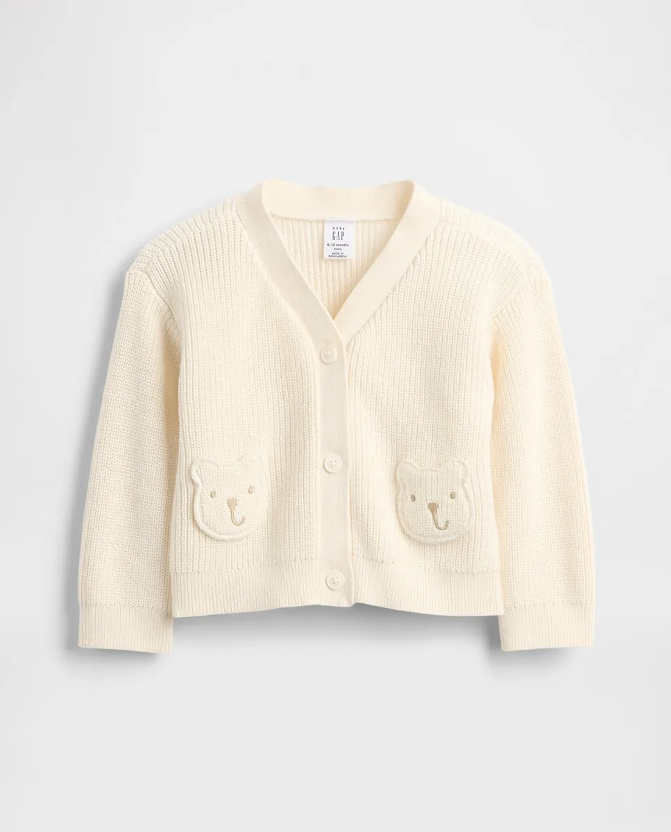

Детский кардиган-свитер с кармашком в виде медвежонка Gap, белый