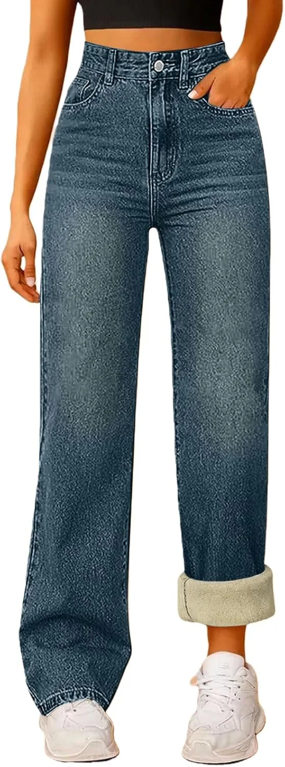 

2026 Fleece Lined Jeans Women High Slim Fit Waisted Straight Leg Denim Pants Winter Stretchy Jeans Thermal Warm Denim Pants