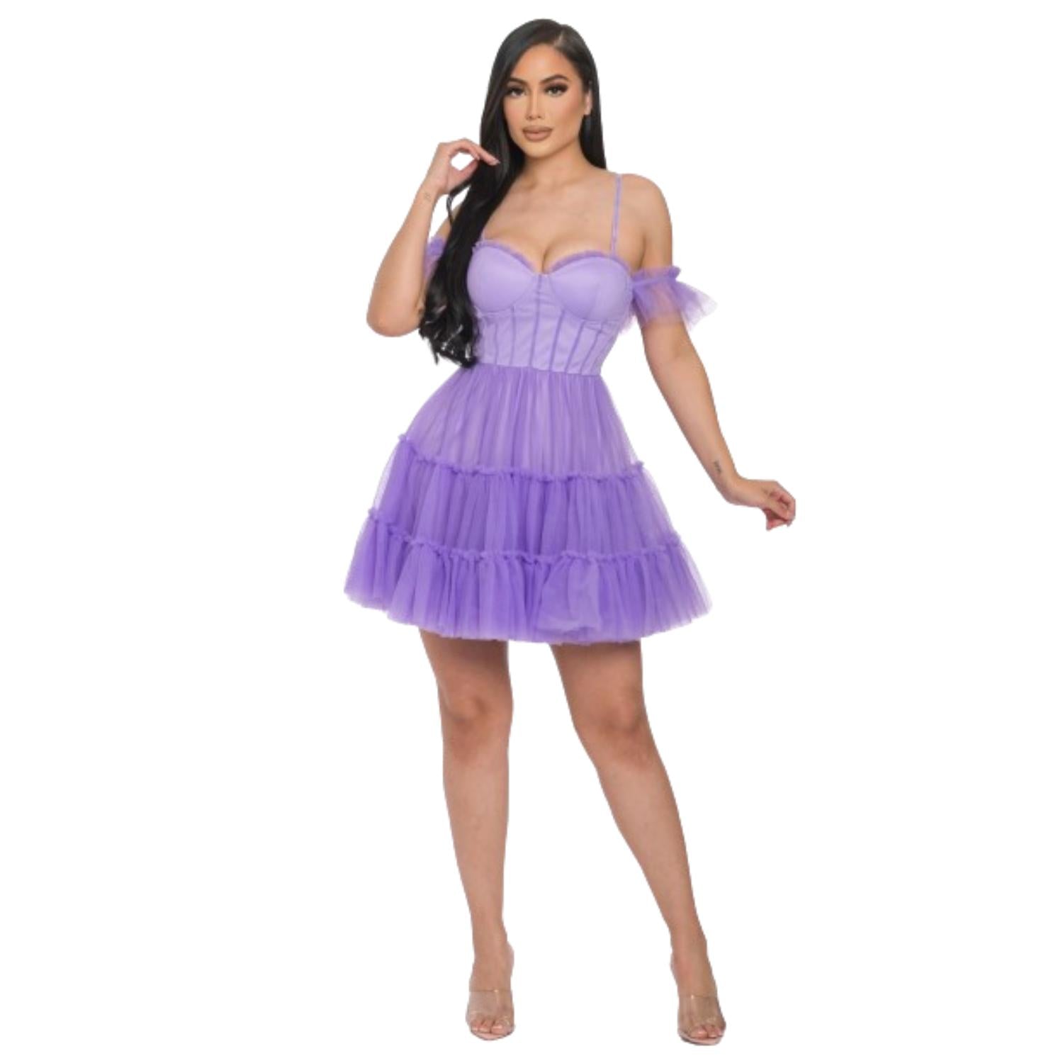 

Мини-платье с открытыми плечами и пышной юбкой FASHNZFAB, фиолетовый