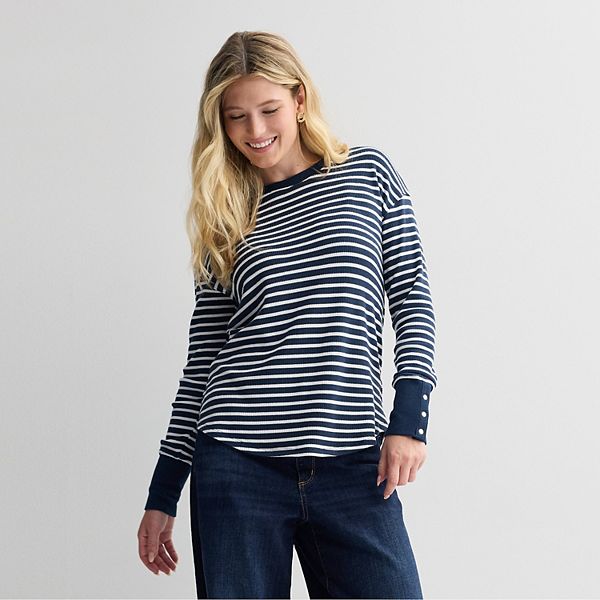 

Уютный вафельный пуловер Petite Sonoma Goods For Life, Deep Navy Stripe
