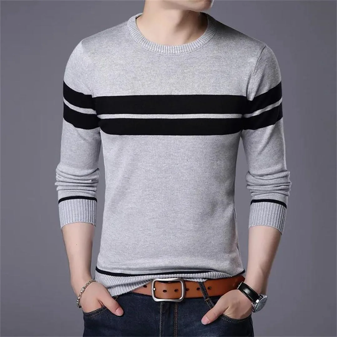 Мужской вязаный свитер Slim O Neck с длинным рукавом и полосатым пэчворком — фото 3