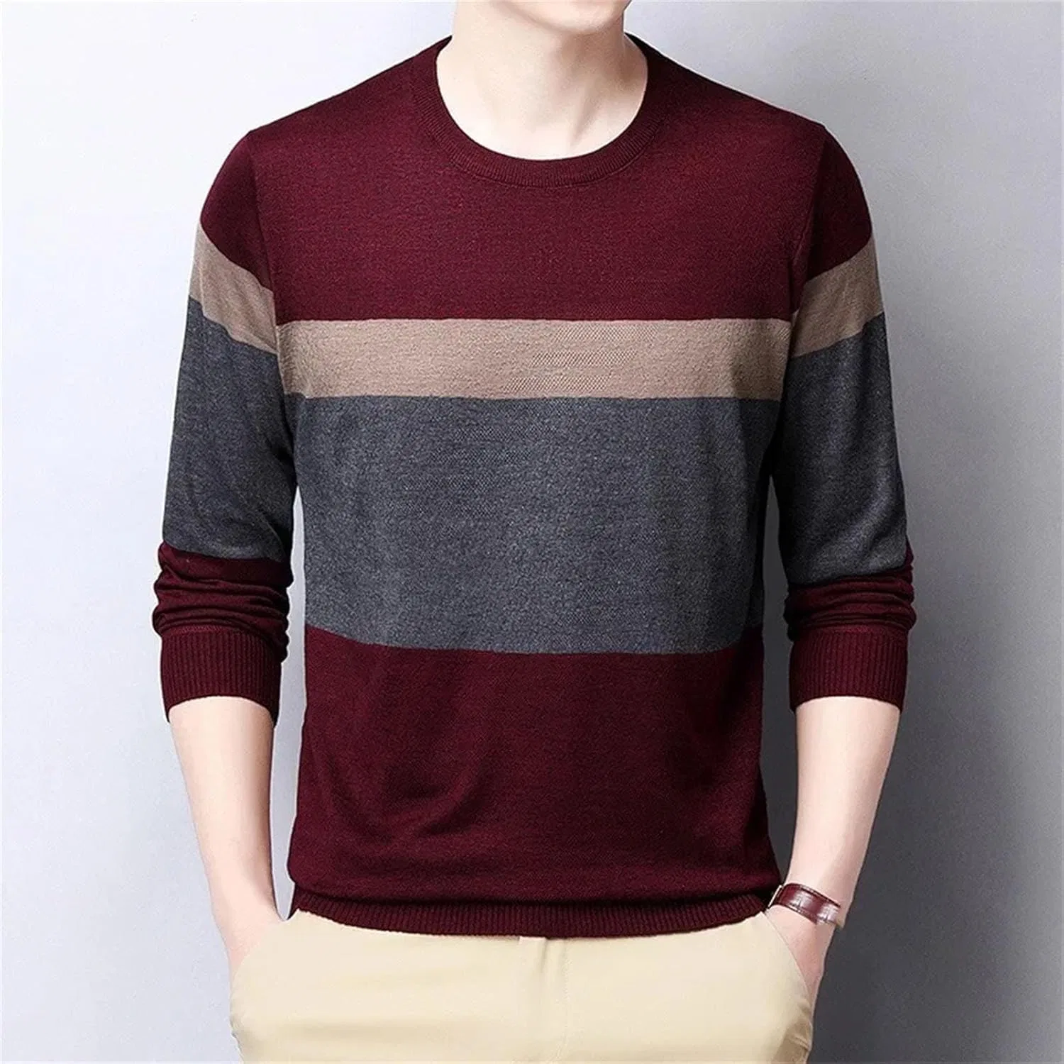 Мужской повседневный утепленный свитер с длинным рукавом Slim Striped Fleece Pullover Generic, черный — фото 3