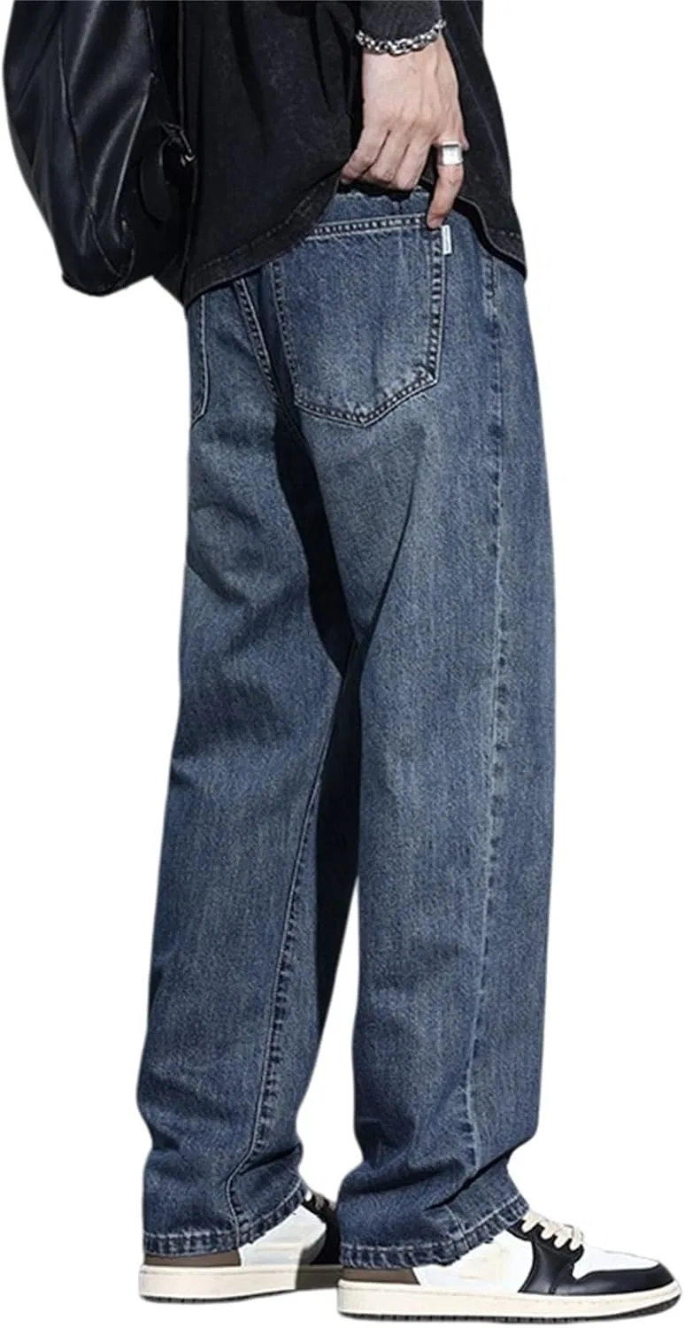 Джинсы прямые свободные Mens Casual Baggy Straight Leg Jeans Classic Retro Elastic Fit Hip Hop Denim Pants for Streetwear Daily Casual, темно-синие