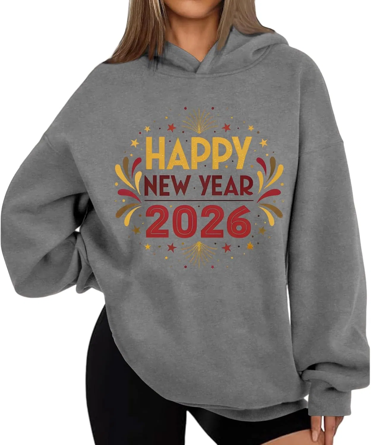 Худи женское с принтом Happy New Year 2026, оверсайз, серое