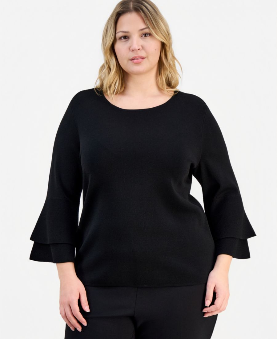 

Свитер большого размера с вырезом-лодочкой и расклешенными манжетами Kasper, Black