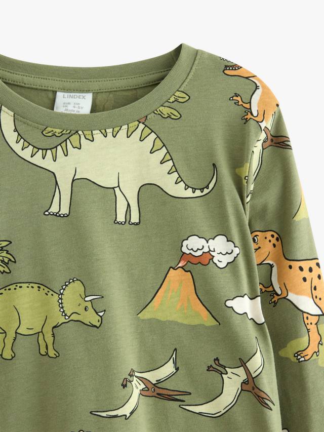 Детская хлопковая футболка с длинным рукавом и принтом динозавра Lindex, Light Dusty Green — фото 3